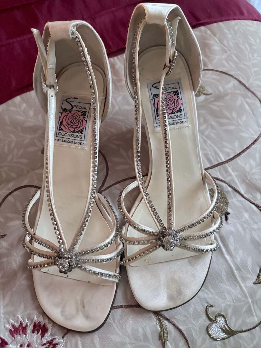 Special Occasions by Saugus Shoe Rhinestone Satin T-Strap Heeled Sandals